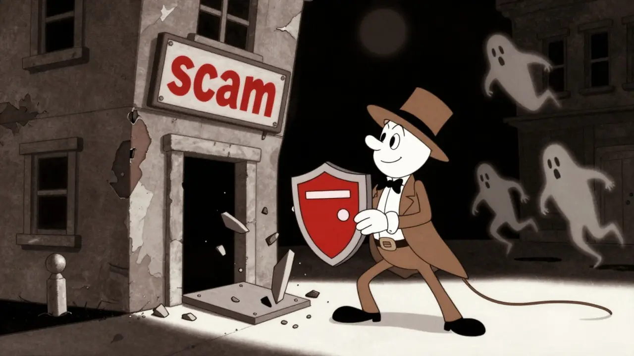 Detective character guarding against scam buildings in a noir setting