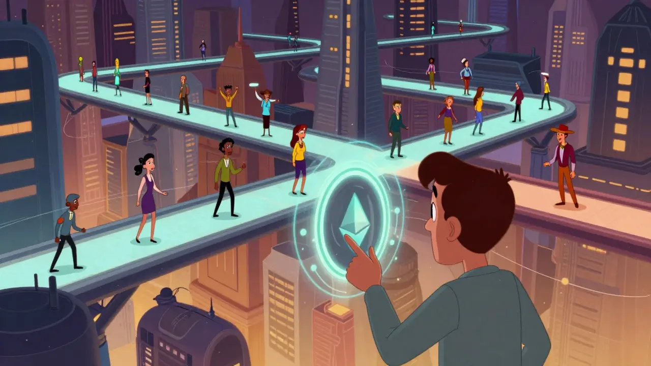 Diverse people connecting across illuminated bridges in futuristic city