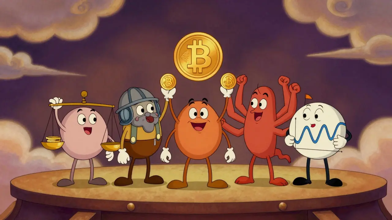 Five cartoon characters representing different Bitcoin metric categories