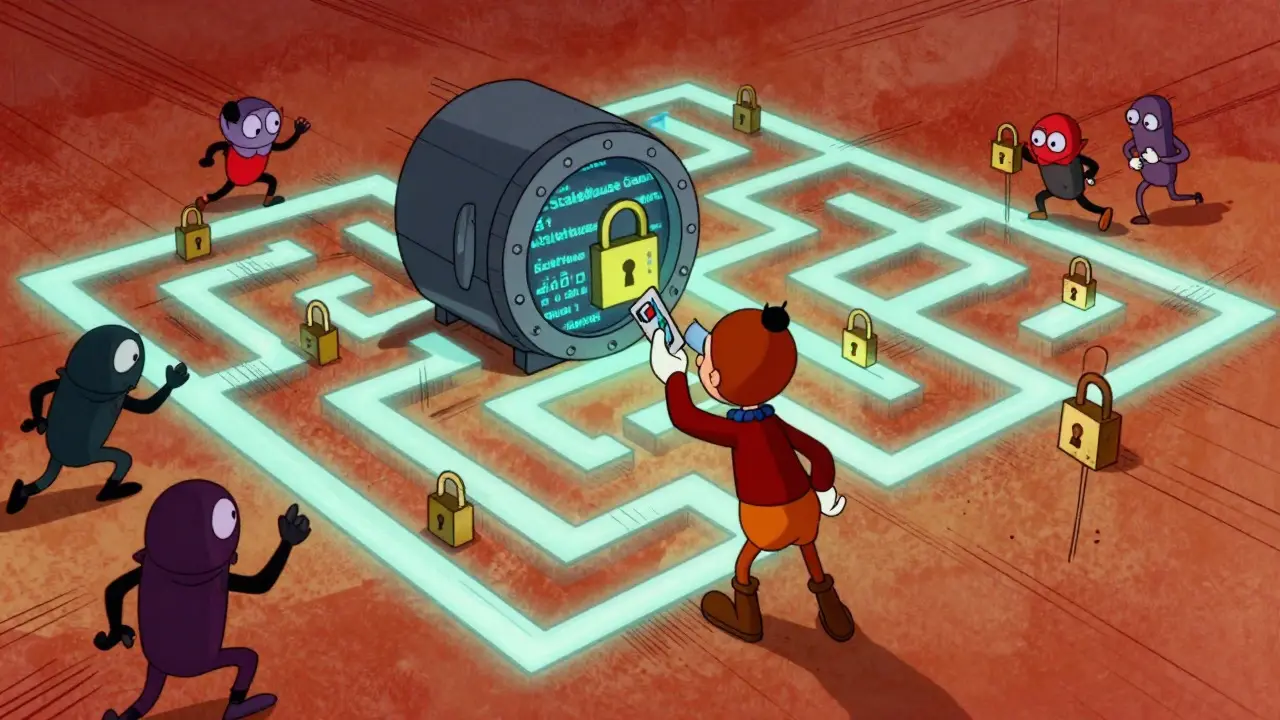 Fleischer style art of a character navigating a digital maze to unlock a staking vault