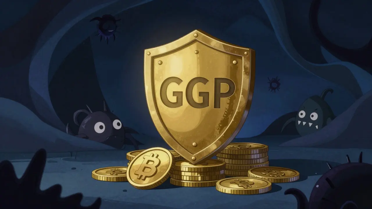 GPG token shield protecting AVAX coins from risk shadows in cartoon style