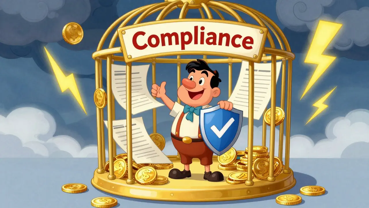 Happy trader safe inside golden compliance cage away from storms