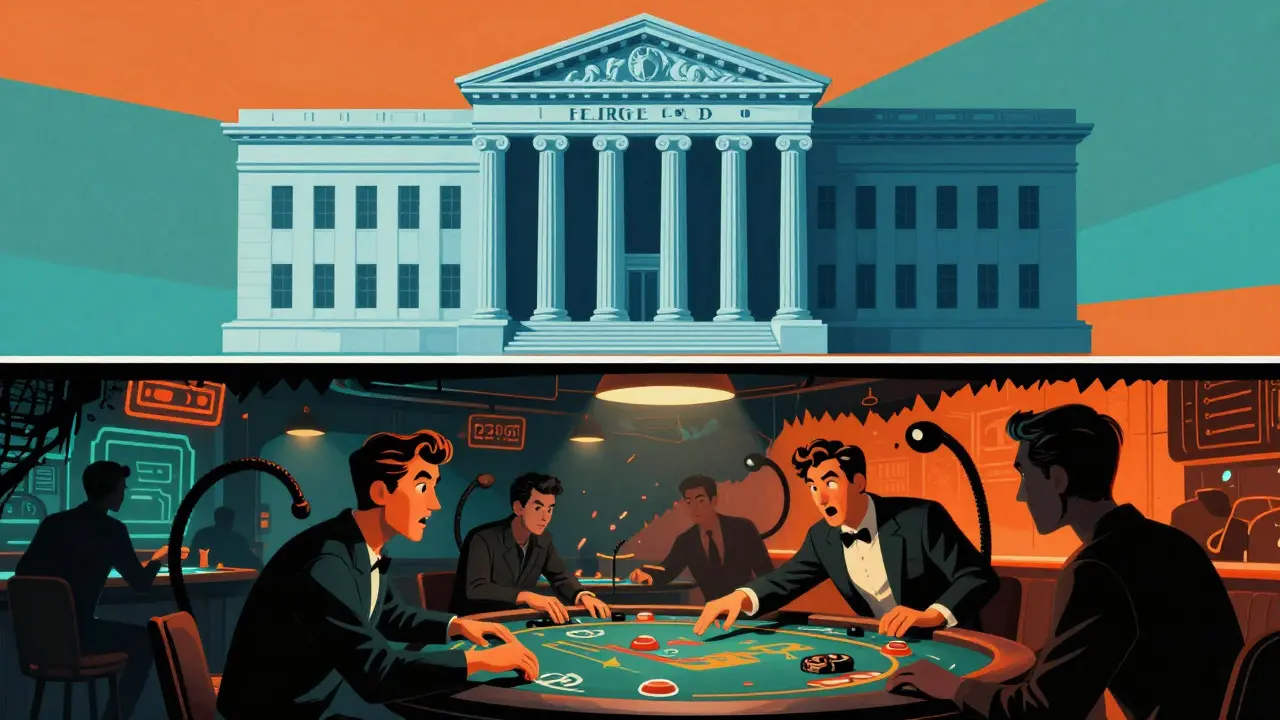 Illustration comparing secure bank vs risky casino for crypto