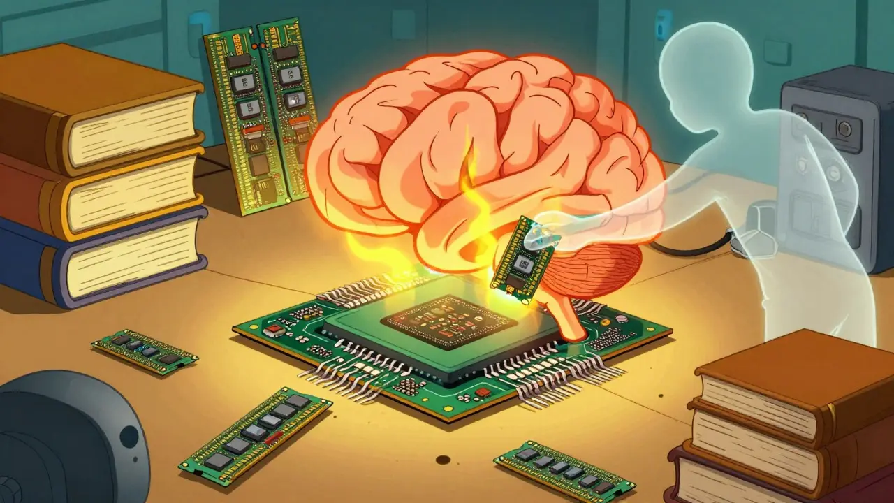 Illustration of a CPU chip interacting with large memory modules in a workshop