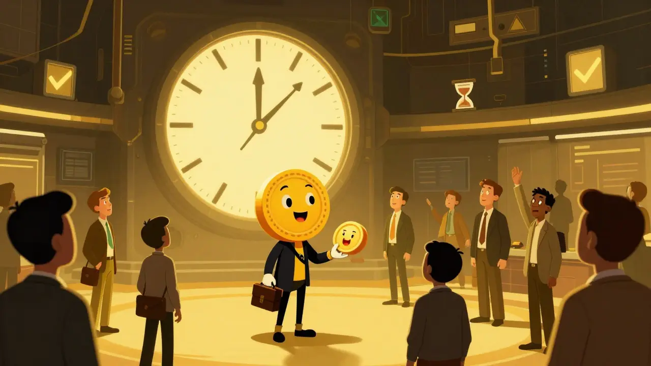 Illustration of a crowd receiving tokens from a large character under a ticking clock