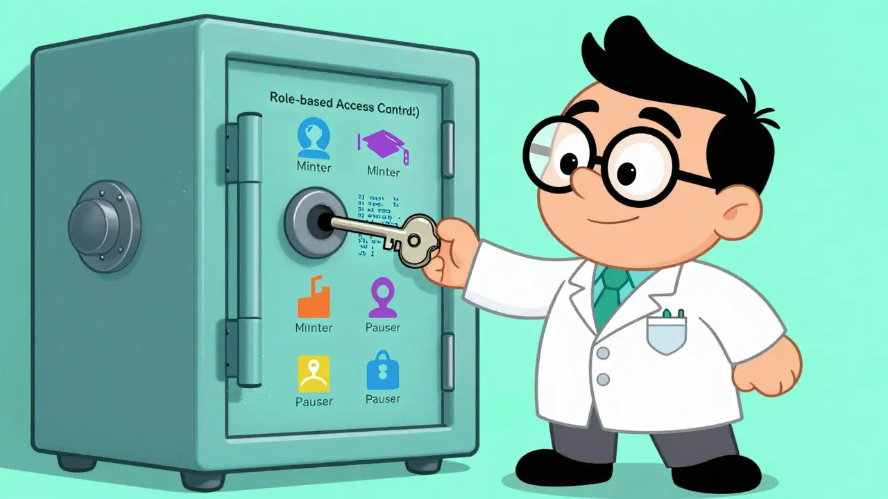 Illustration of a developer securing a smart contract with multi-role access control locks.