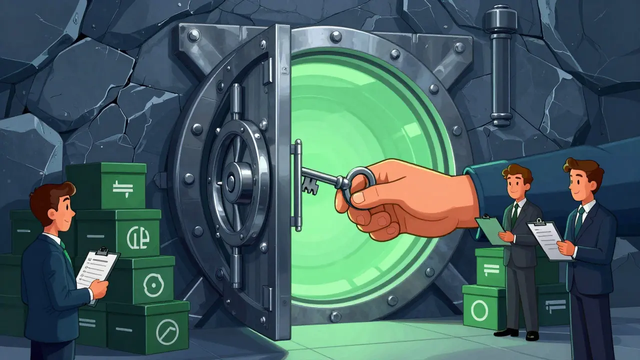 Illustration of a hand unlocking a secure vault with calm professionals nearby