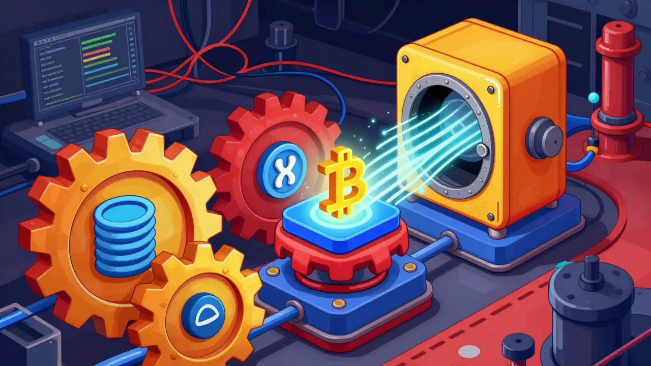 Illustration of a mechanical tech stack with gears and a secure crypto payment node.