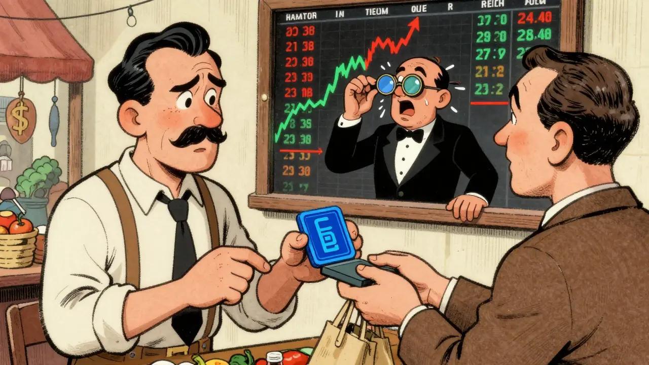 Illustration of a stable grocery purchase versus a volatile crypto trading scene