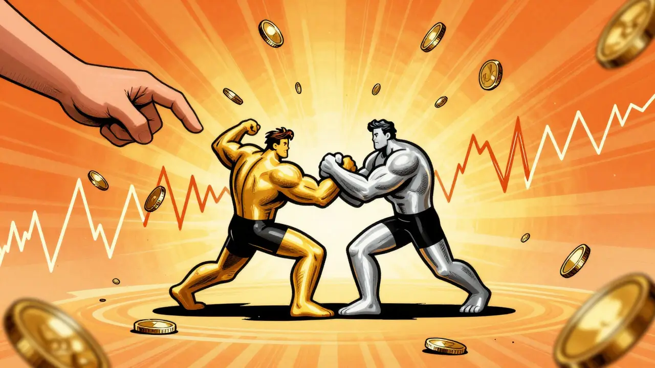 Illustration of golden cross moving averages and volume surge in cartoon style