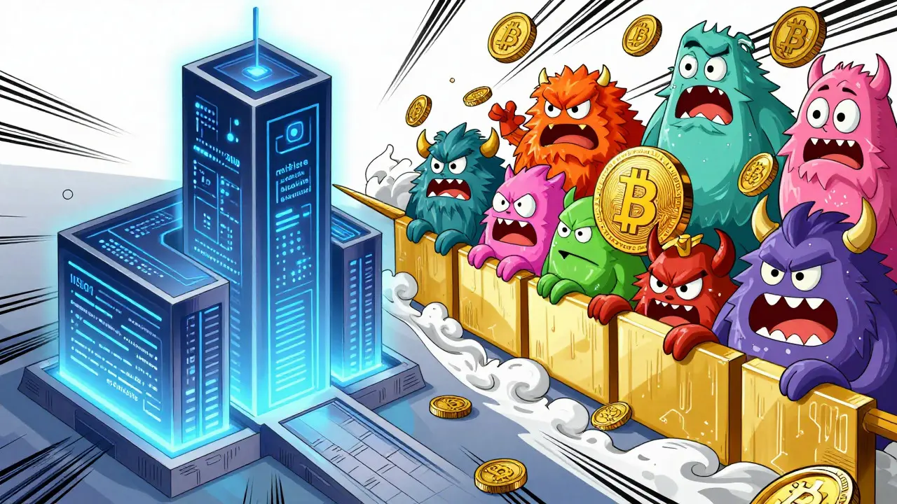Illustration of government tech vs chaotic crypto monsters