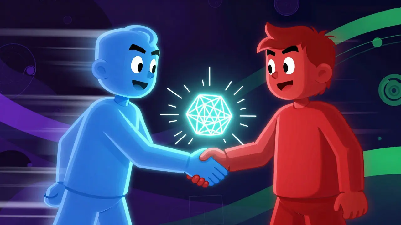 Illustration of two characters exchanging a glowing geometric shape representing a digital signature