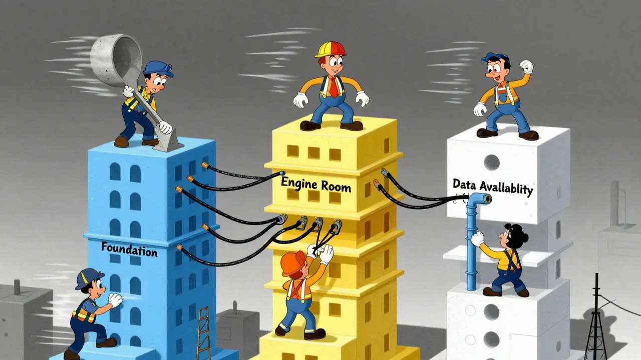 Illustration of workers building separate layers of a skyscraper to represent modular blockchain architecture.