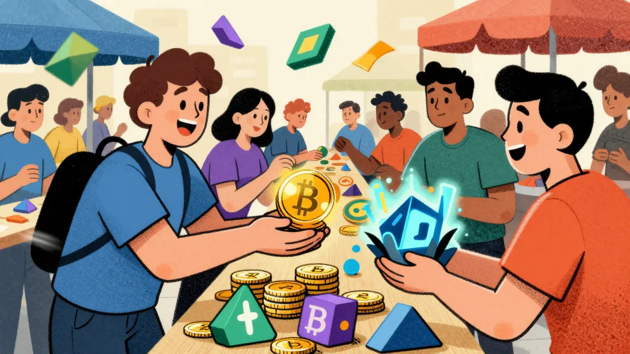 Lively marketplace of characters trading colorful crypto tokens