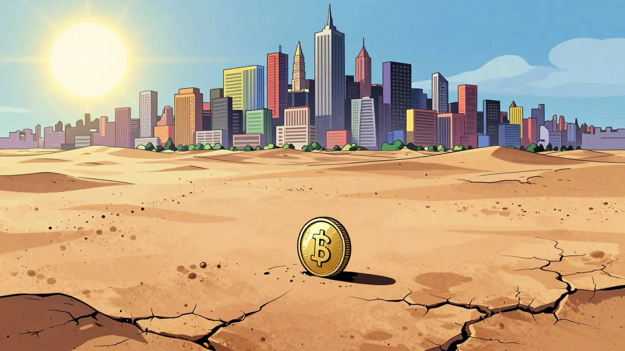 Lonely coin in desert vs busy exchange city skyline