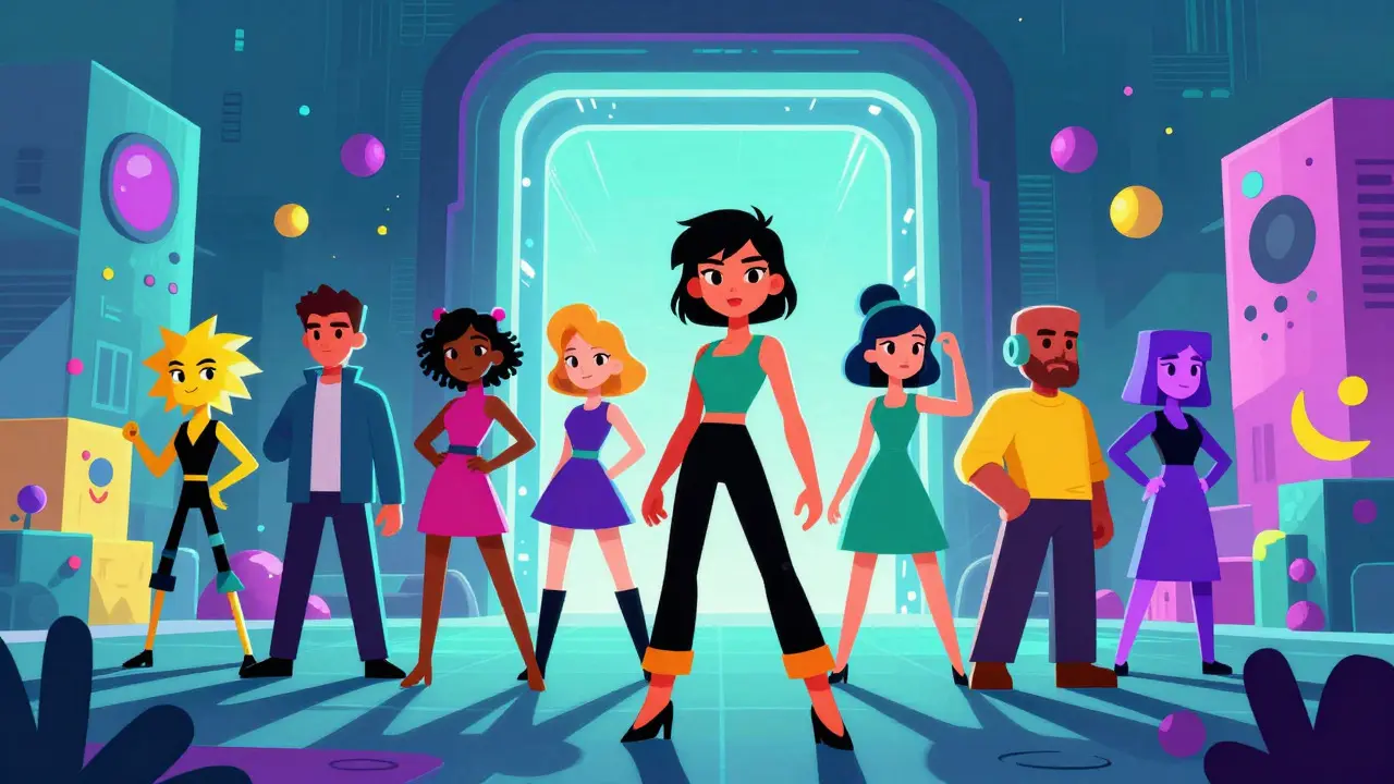 NFT avatars entering a futuristic virtual portal
