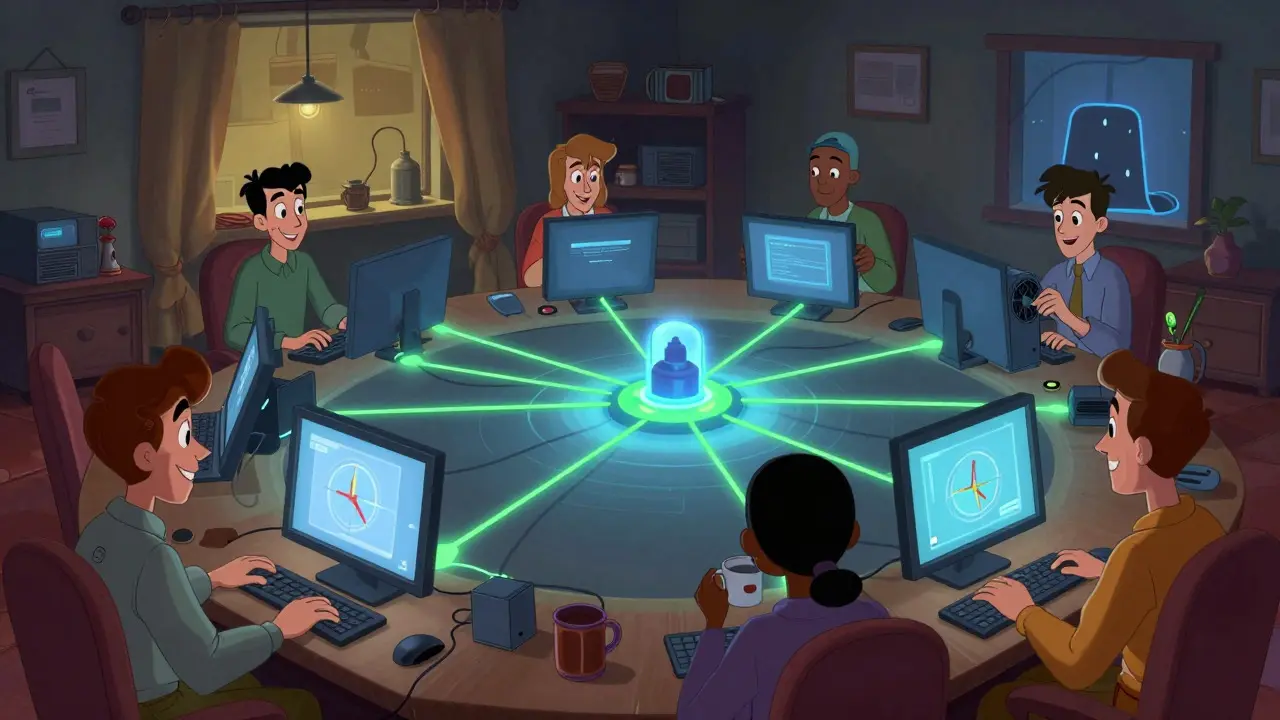 People mining cryptocurrency on home computers connected by glowing digital threads
