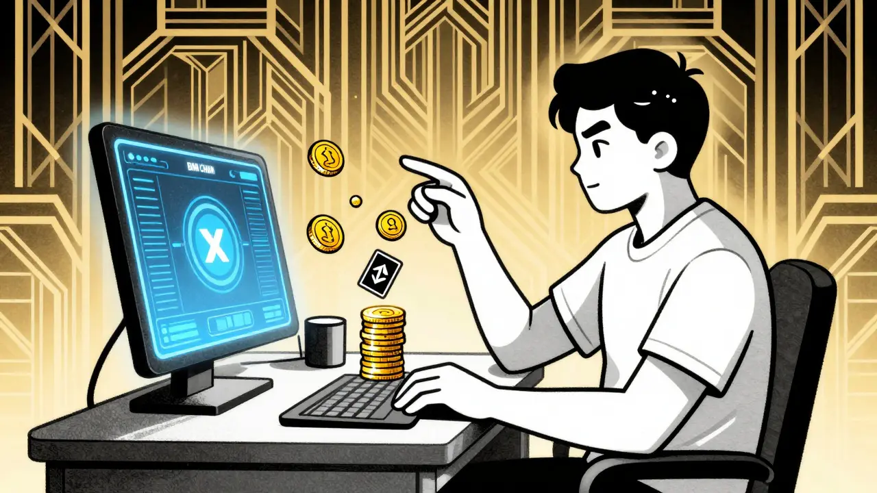 Player climbing a token ladder and collecting cards in a stylized Fleischer Studios illustration