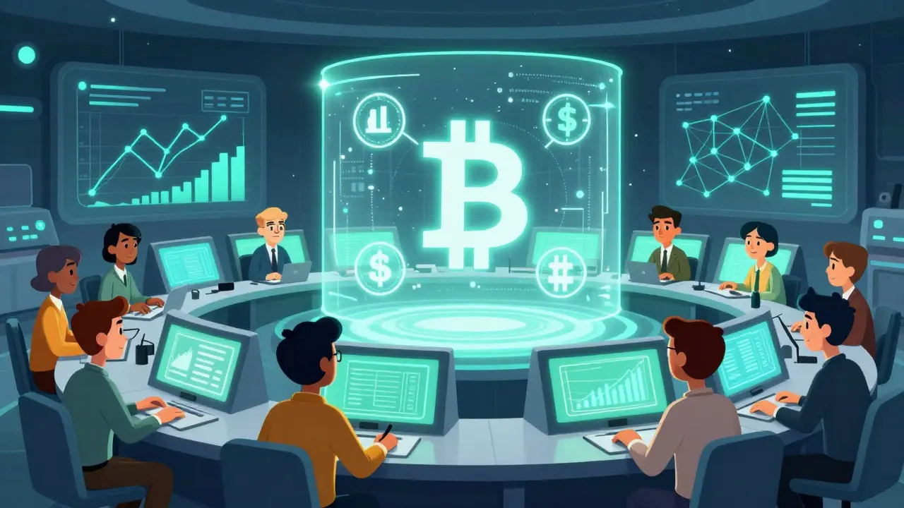 Retro-style analysts monitoring blockchain data on glowing screens