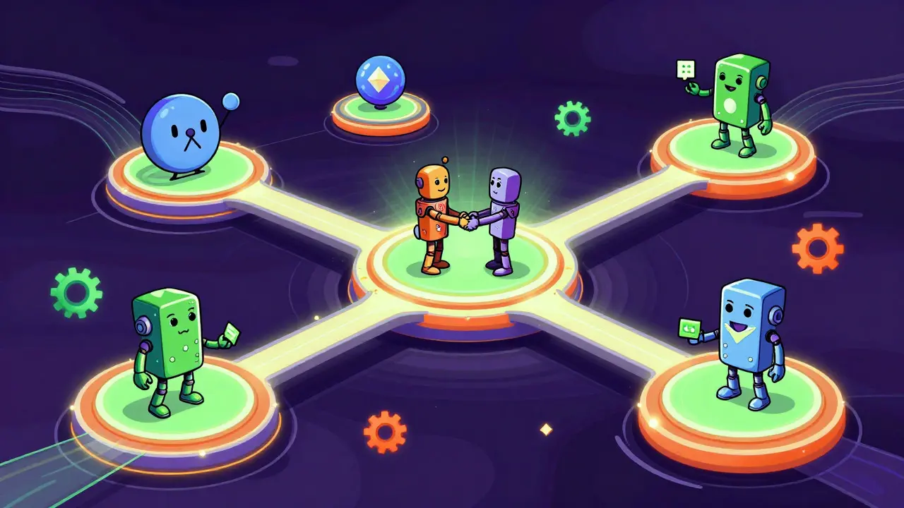 Retro-style drawing of an interconnected network of glowing nodes and bridges showing crypto scalability.