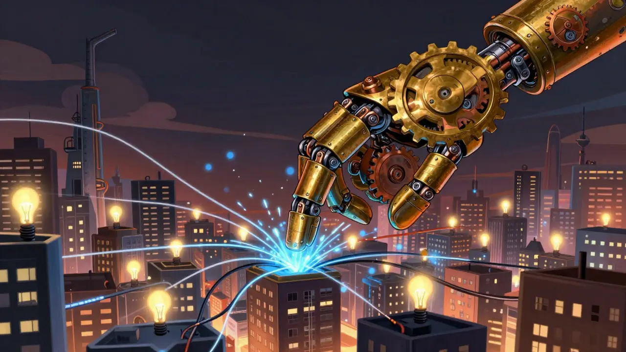 Robotic hand manipulating glowing wires over a city skyline