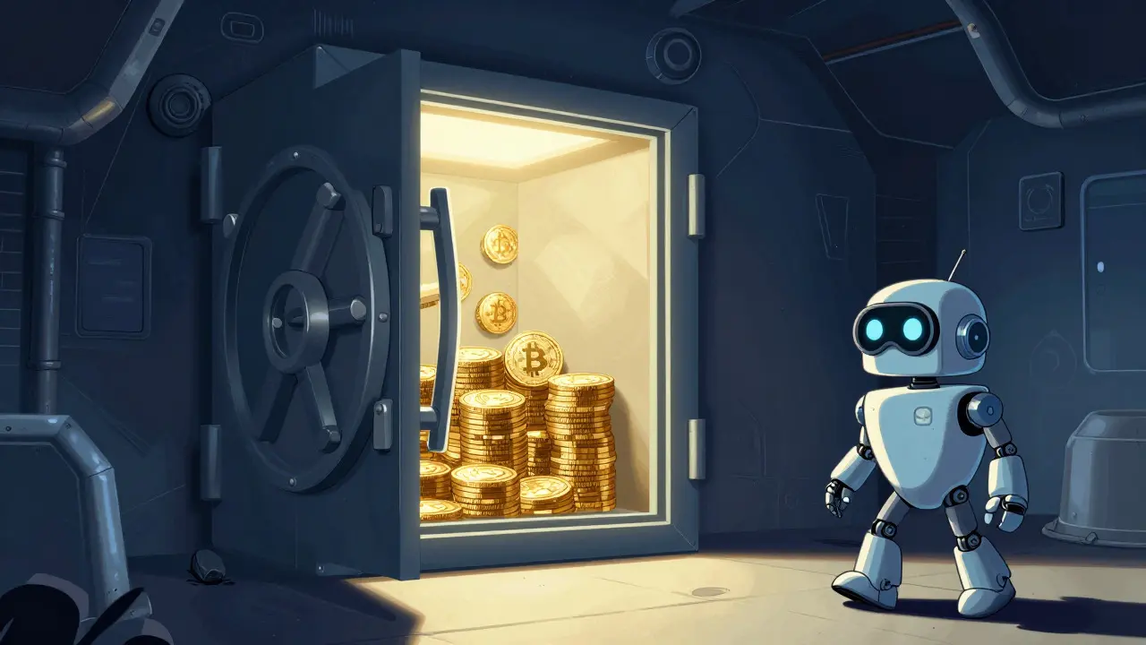 Secure vault with robot guard protecting crypto assets in cartoon style