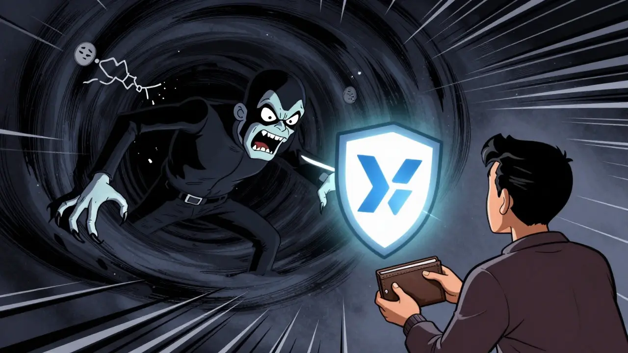 Sinister scammer reaching for a wallet while a shield blocks them in retro cartoon style