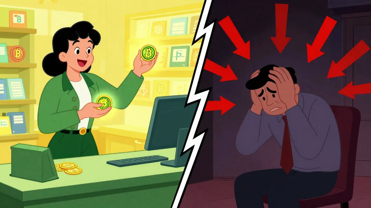 Split-screen cartoon contrasting a happy shopper with a nervous speculator