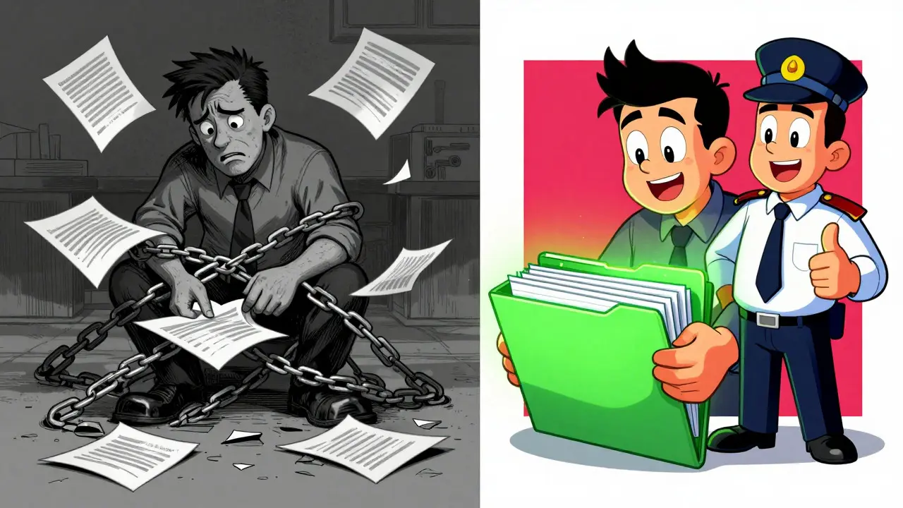 Split view of chaotic unregistered trading vs organized compliant filing