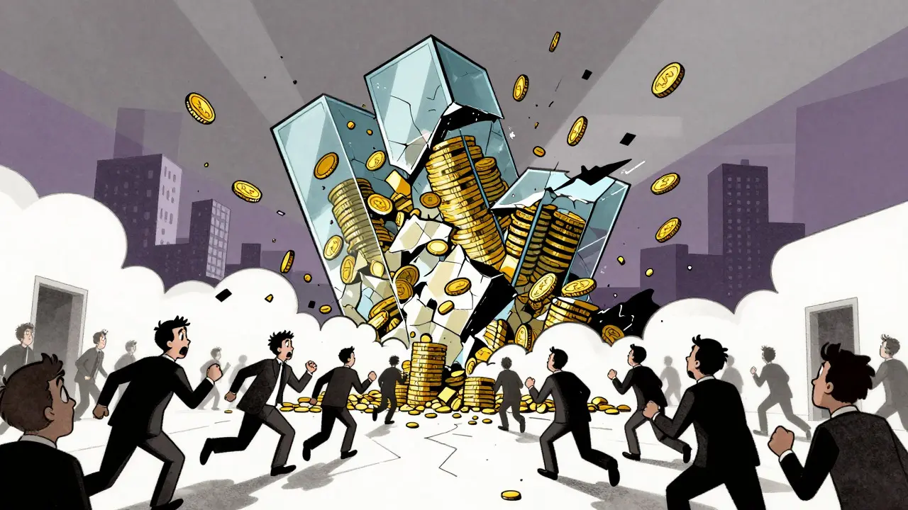 Stylized cartoon of a collapsing coin structure with panicked figures rushing away