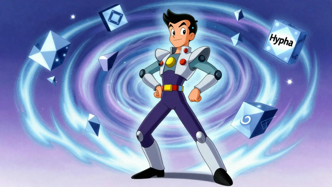 Stylized figure representing Hypha protocol amidst floating blockchain structures