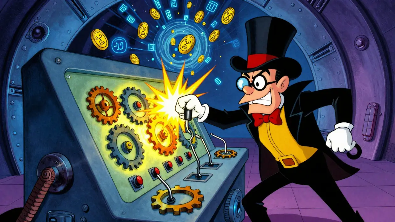 Vintage cartoon of a hacker manipulating controls to drain funds from a smart contract.