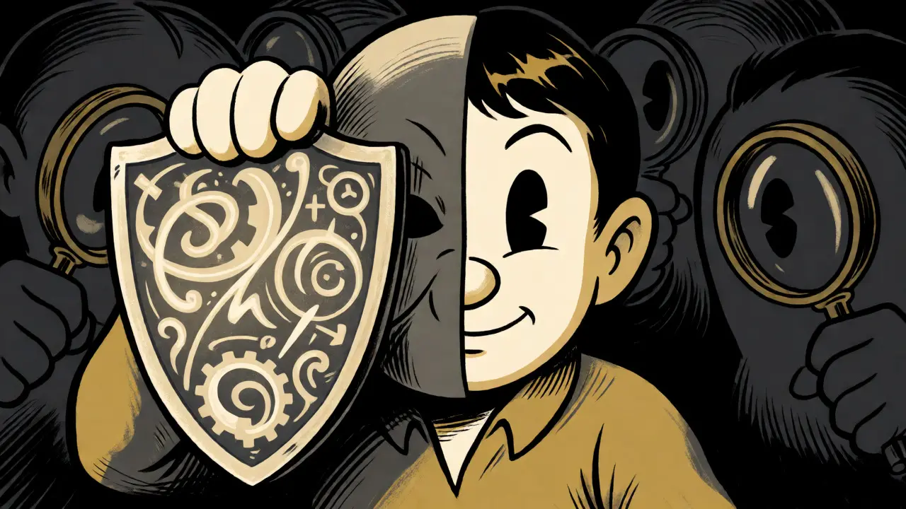 A masked figure uses a magical shield to block prying eyes in a noir cartoon.