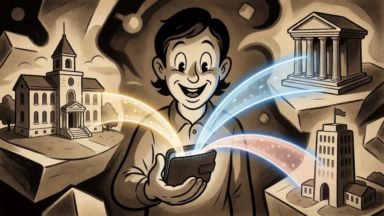A person holds a digital wallet connecting to issuers and verifiers via light streams.