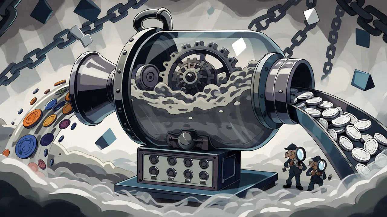A whimsical machine mixes colorful stolen tokens into uniform gray coins to hide their origin.