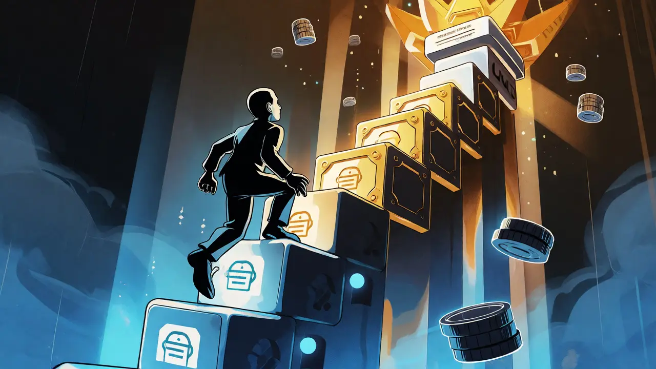 Animated avatar climbing a glowing ladder of blockchain investment tiers