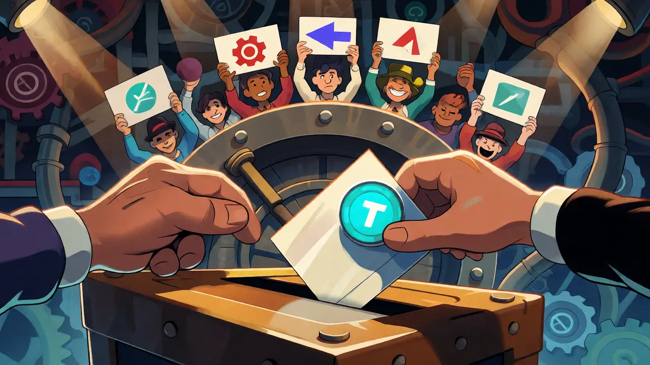 Animated characters casting TDROP token votes into a mechanical ballot box to govern the platform's future.