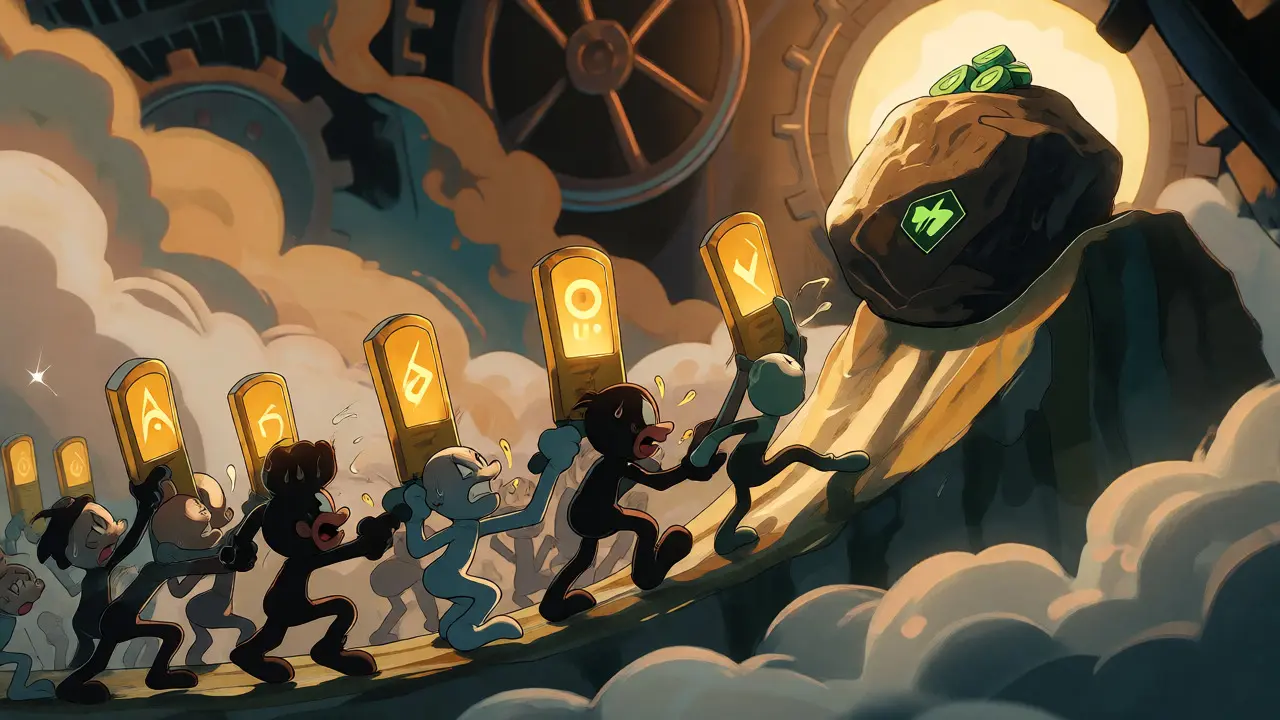 Animated characters straining to pull levers for a tiny pile of tokens on a hill.