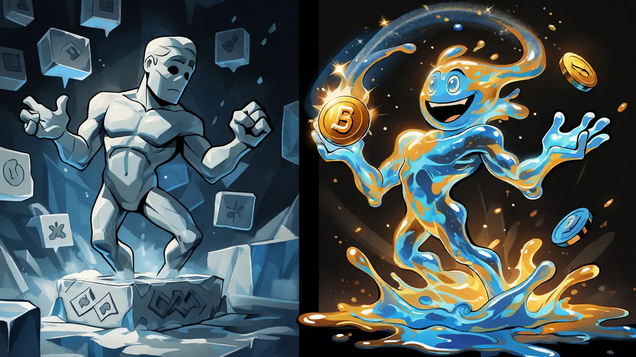 Animated comparison of frozen locked assets versus fluid liquid staking tokens.
