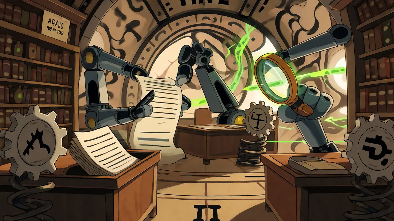 Animated robots managing voting power and smart contracts in a whimsical mechanical headquarters.