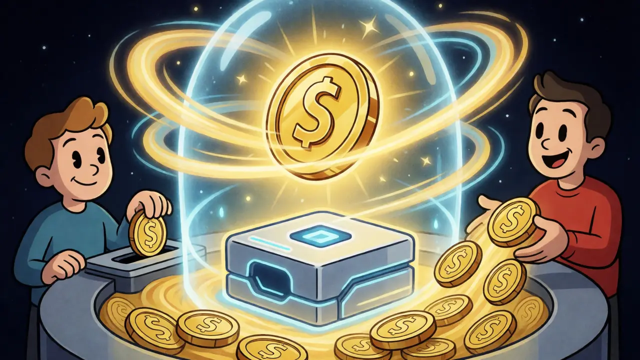Animated scene showing ACS tokens locking into a smart contract to unlock content access.