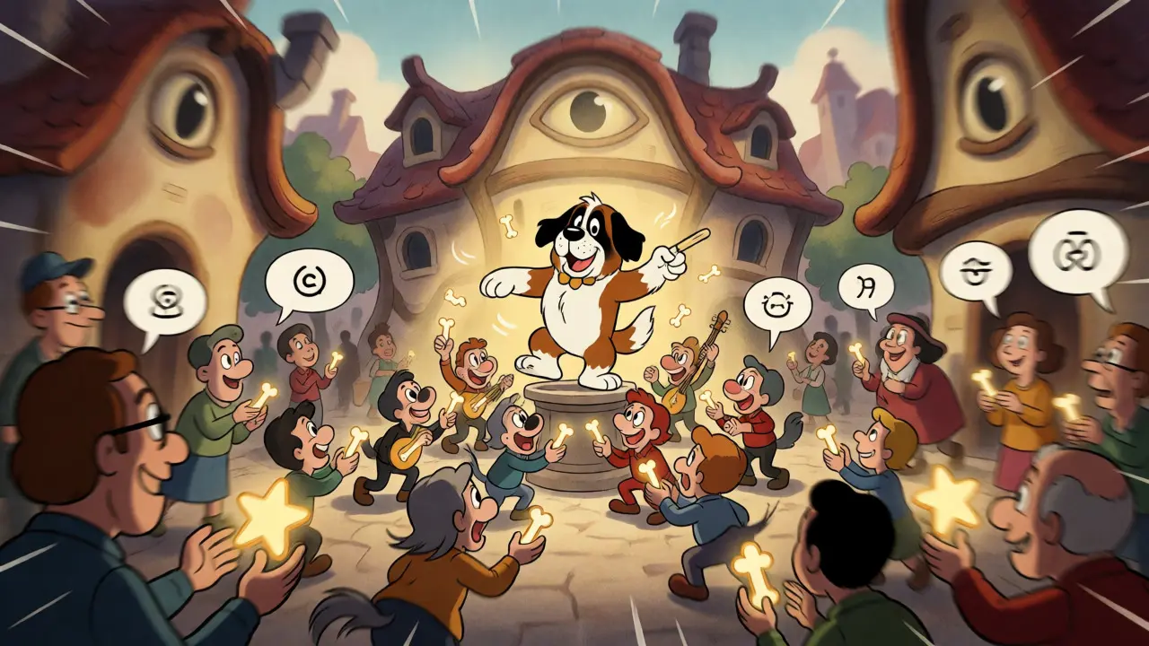 Animated St. Bernard mascot dancing in a whimsical town square