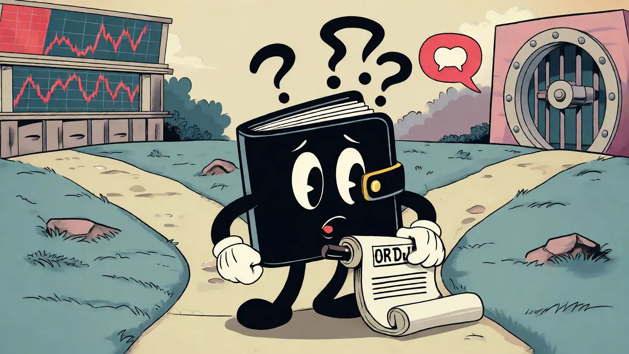 Animated wallet character at a crossroads of crypto options