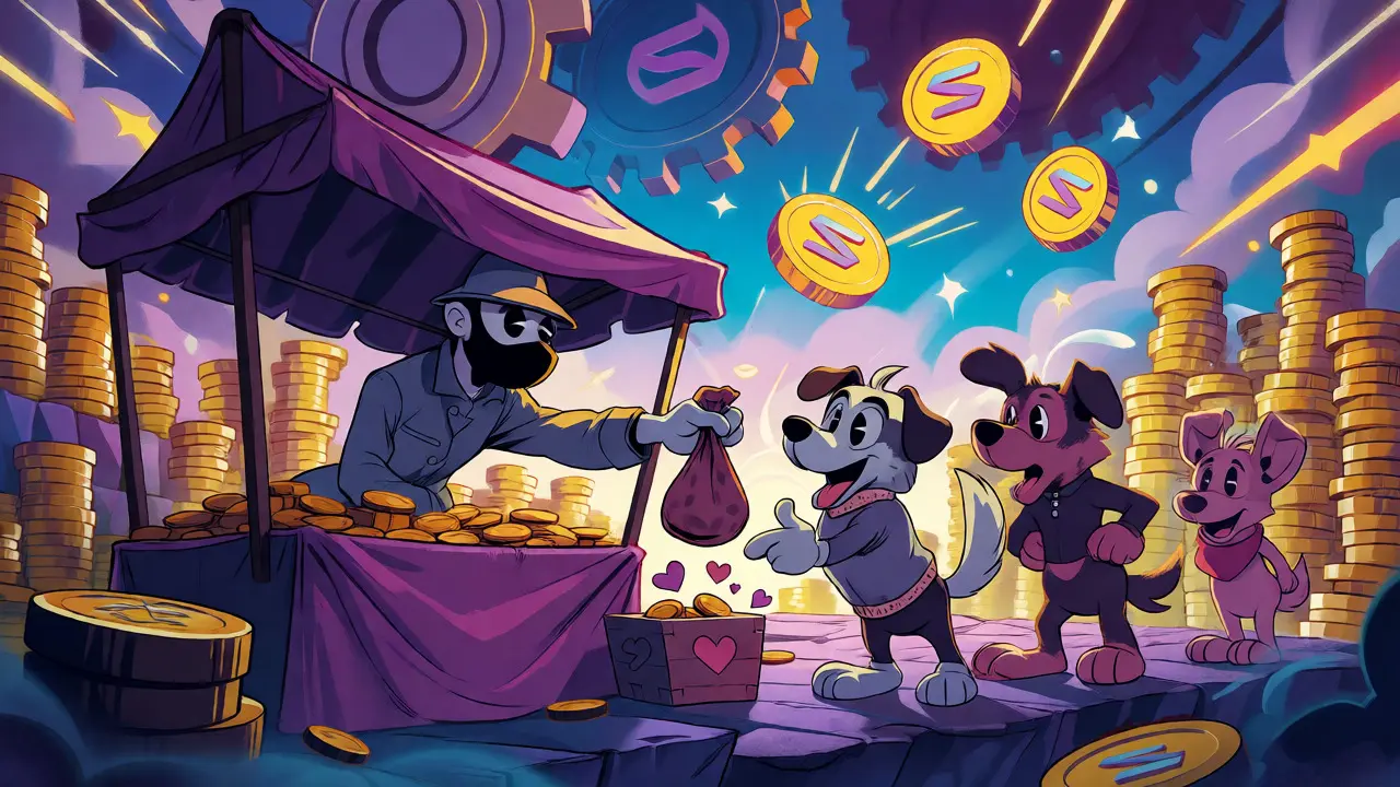 Anonymous figure trading coins with dogs in a crypto marketplace