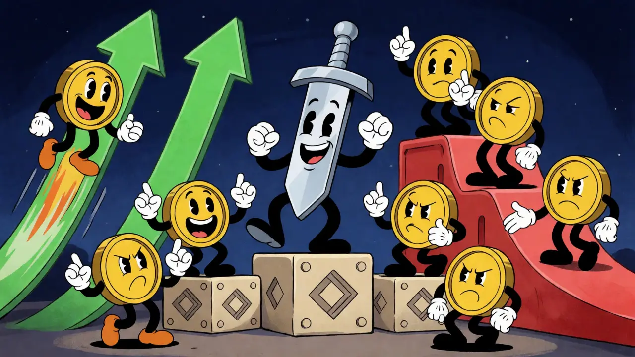 Anthropomorphic BLADE token dancing amidst volatile market movements in cartoon style.
