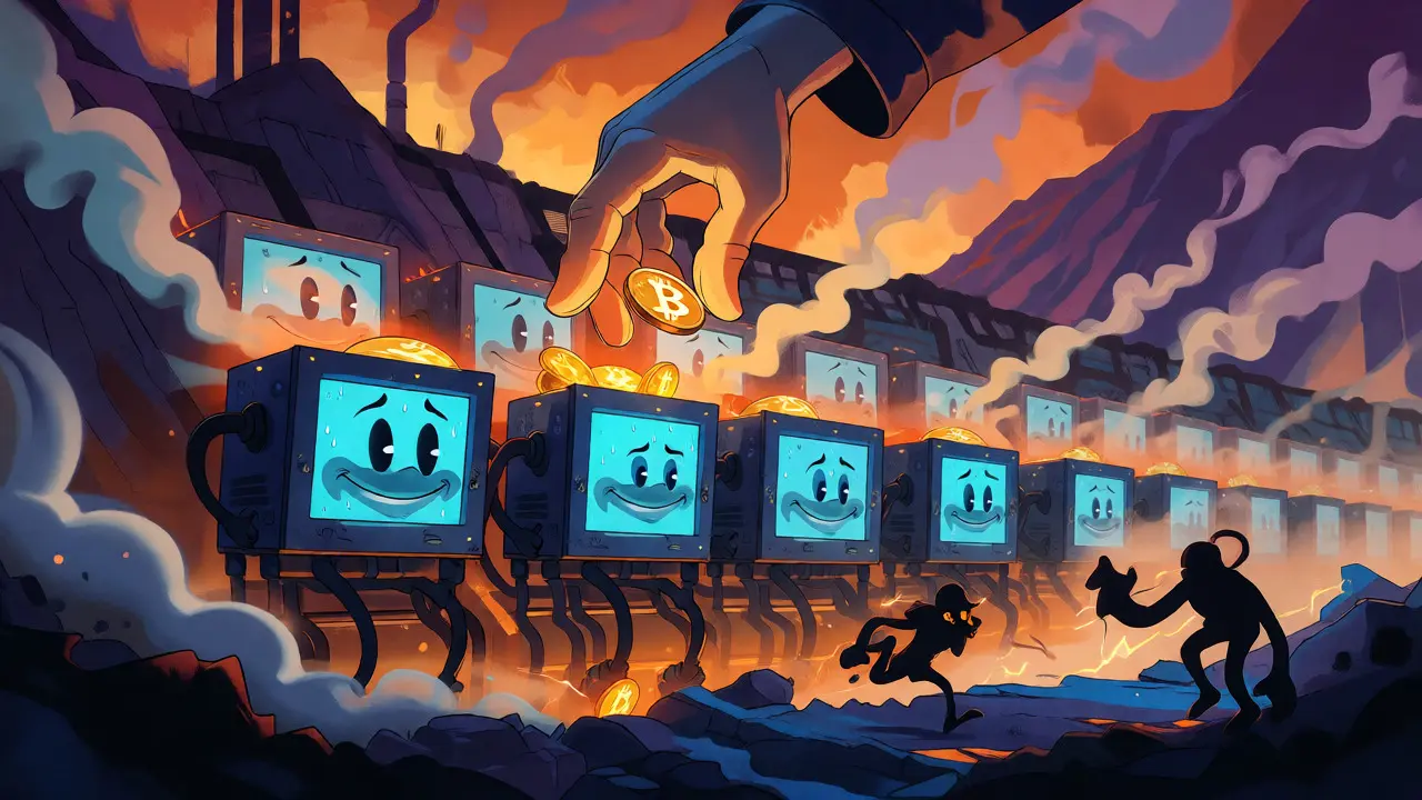 Anthropomorphic mining rigs in Iran having their output collected by the Central Bank.