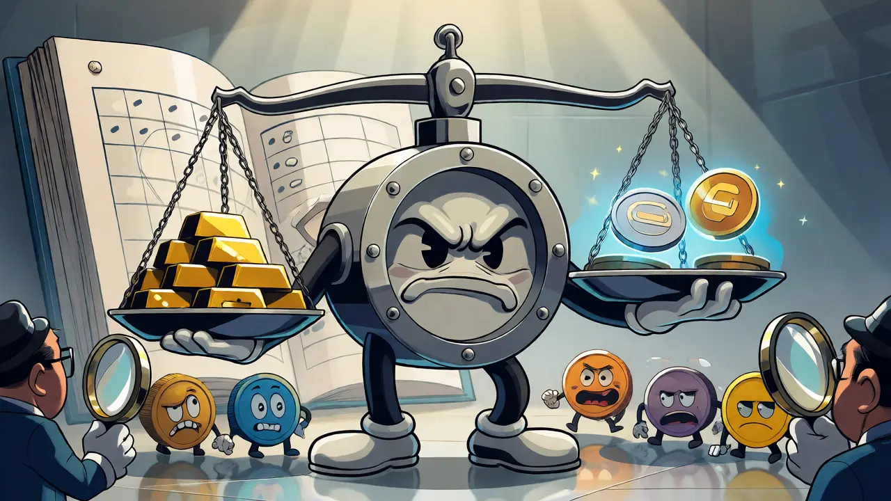 Anthropomorphic vault weighing digital tokens against gold bars, illustrating stablecoin reserve audits.