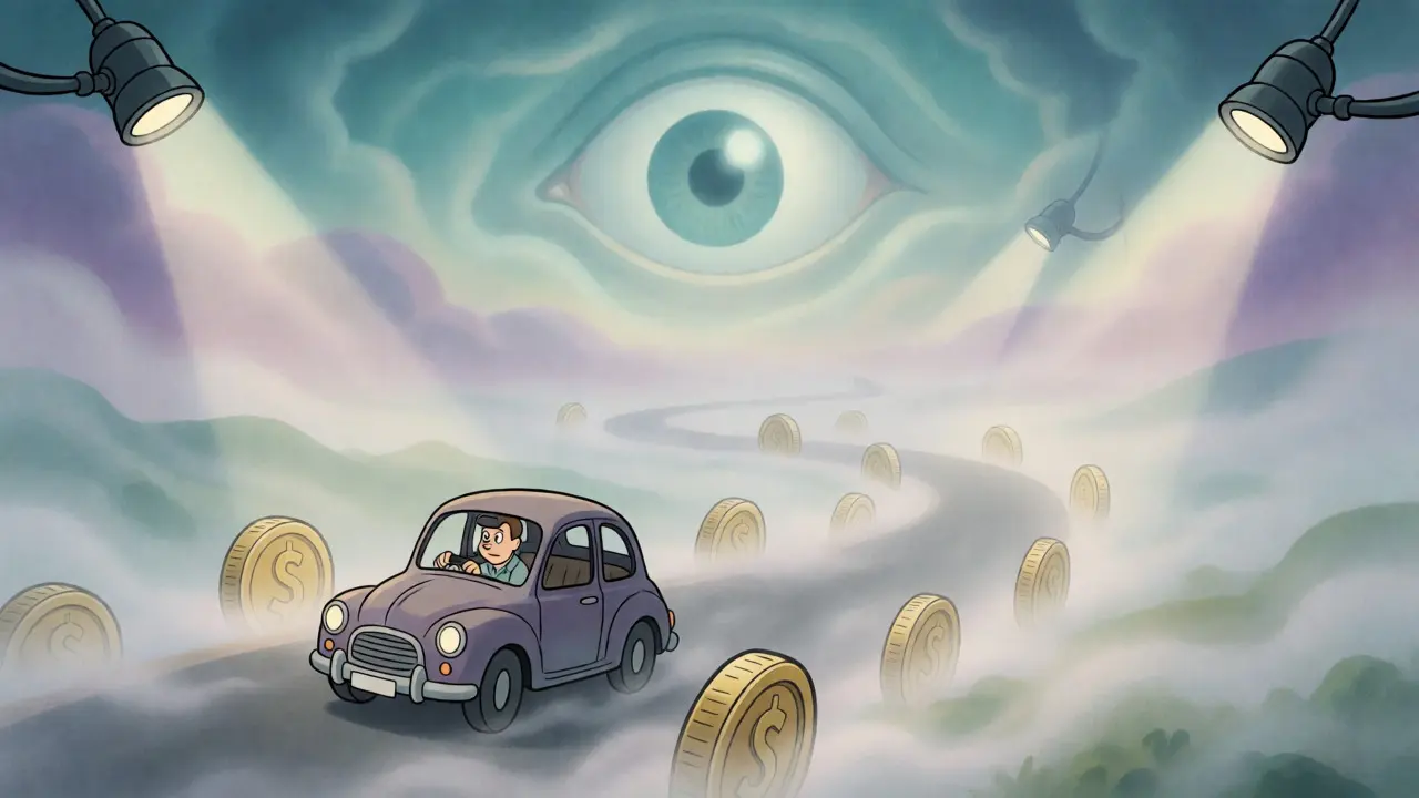 Car driving through fog with watching eyes and fading coins