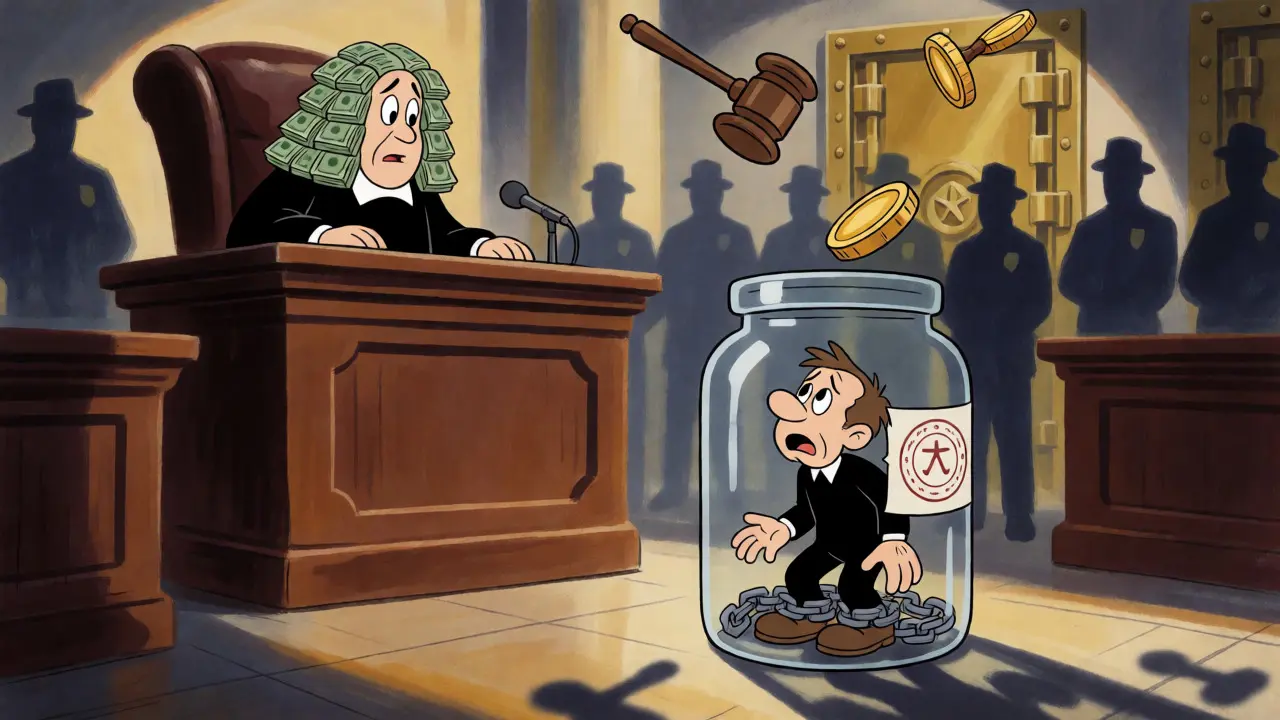 Cartoon character trapped in a glass jar under a judge's bench with falling coin gavels.