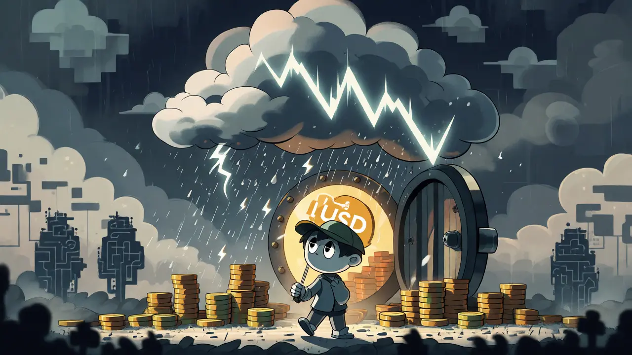Cartoon character using a stablecoin umbrella to shield assets from market volatility.
